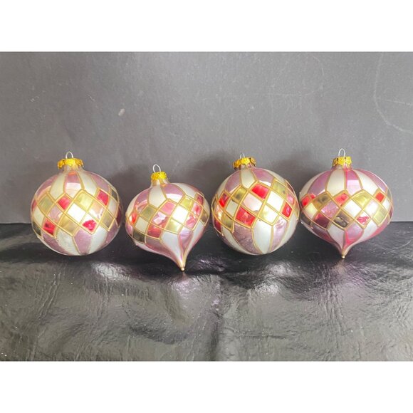 Set Of 4 Vtg Hand Painted Glass Christmas Tree Ornaments Original Packaging - Picture 1 of 7